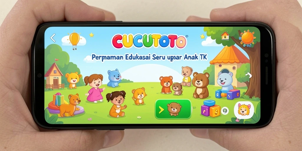 Screenshot antarmuka CUCUTOTO yang ramah anak dan penuh warna.