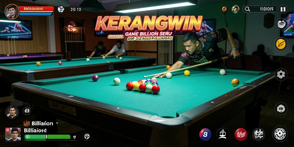 Tampilan utama KERANGWIN dengan tabel dan kontrol billiard.